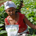 african farmer with bags of phosporous fertilizer